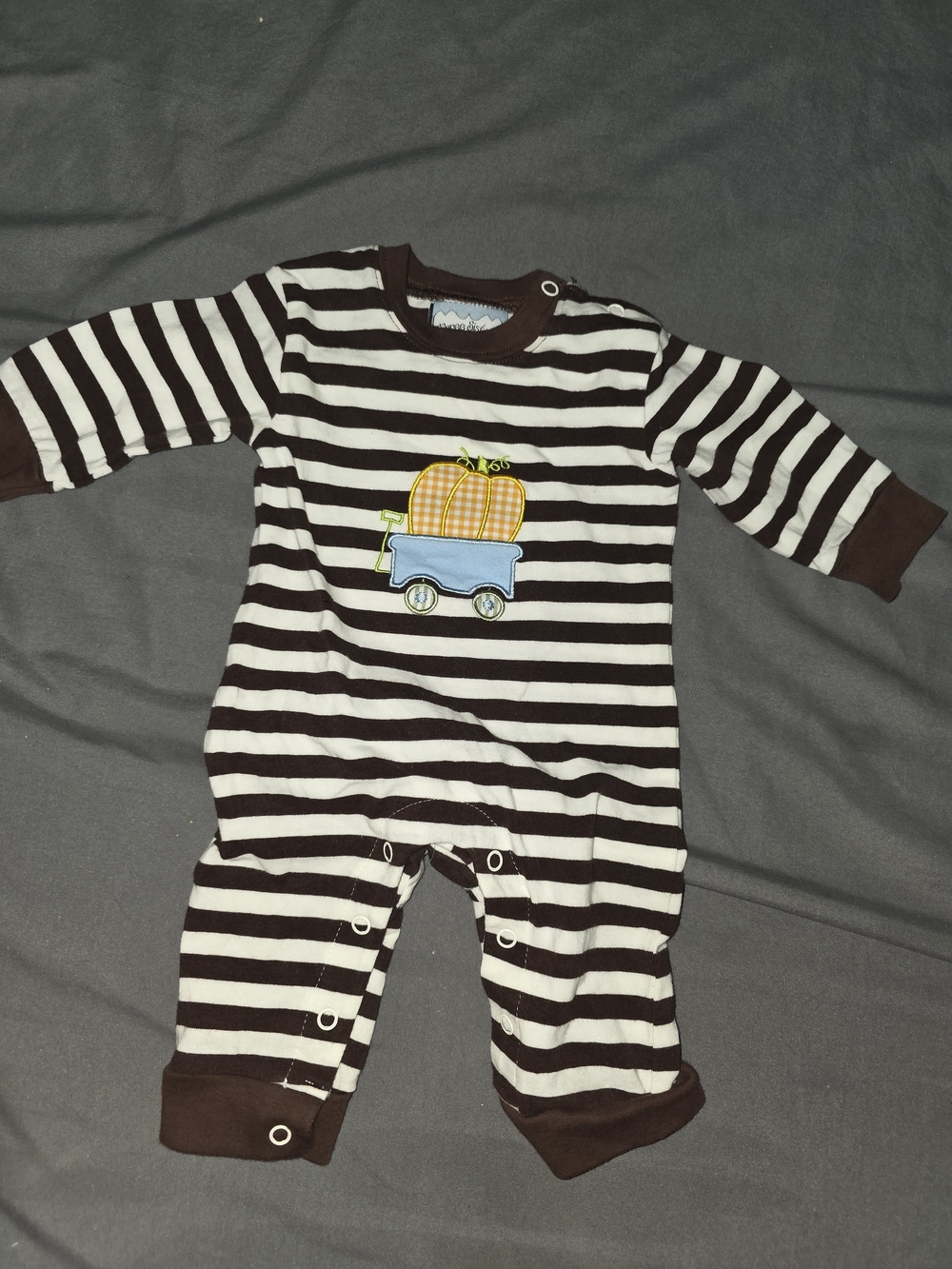 Brown & White Striped Baby One-Piece with Pumpkin Wagon Applique